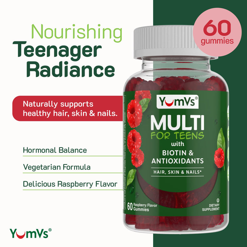 YUM-V'S Teen Multivitamin Gummies with Biotin & Antioxidants – Raspberry Flavor – Hair, Skin & Nails Support – Kosher Gummy Vitamins for Teen Boys & Girls Ages 12–17 – 60 Count 60 Count (Pack of 1)