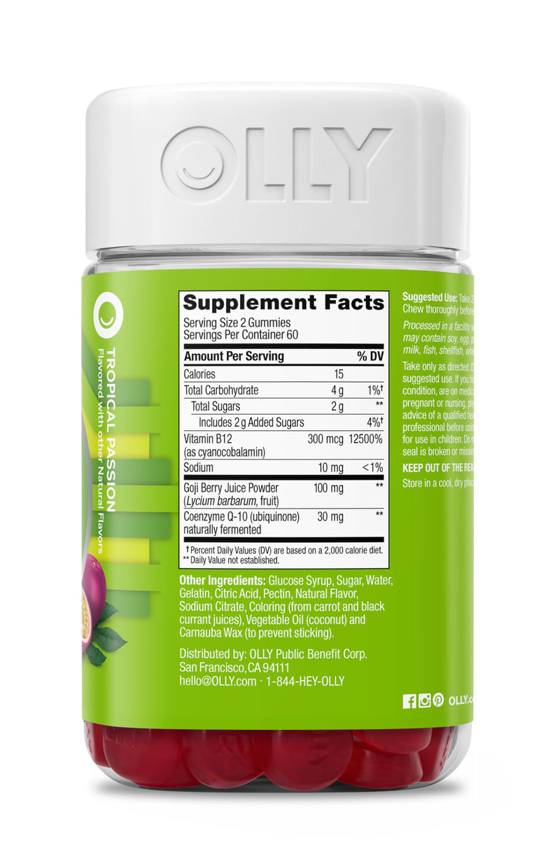 OLLY Daily Energy, Caffeine Free, 300 mcg Vitamin B12, CoQ10-120 Count Regular Strength 120 Count (Pack of 1)