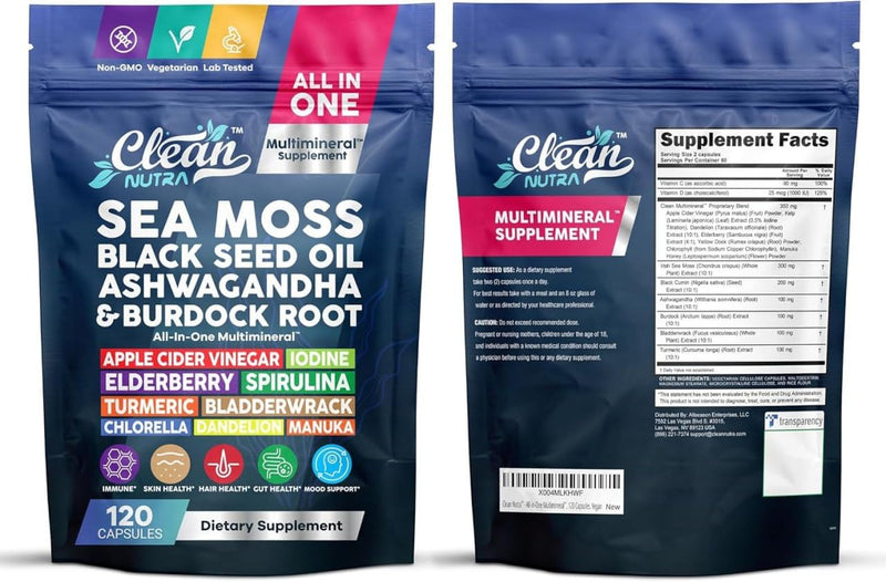 Clean Nutraceuticals Sea Moss Black Seed Oil Ashwagandha Turmeric Bladderwrack Burdock & Vitamin C Vitamin D3 with Elderberry Manuka Dandelion (120 Count (Pack of 1)) 120 Count (Pack of 1)