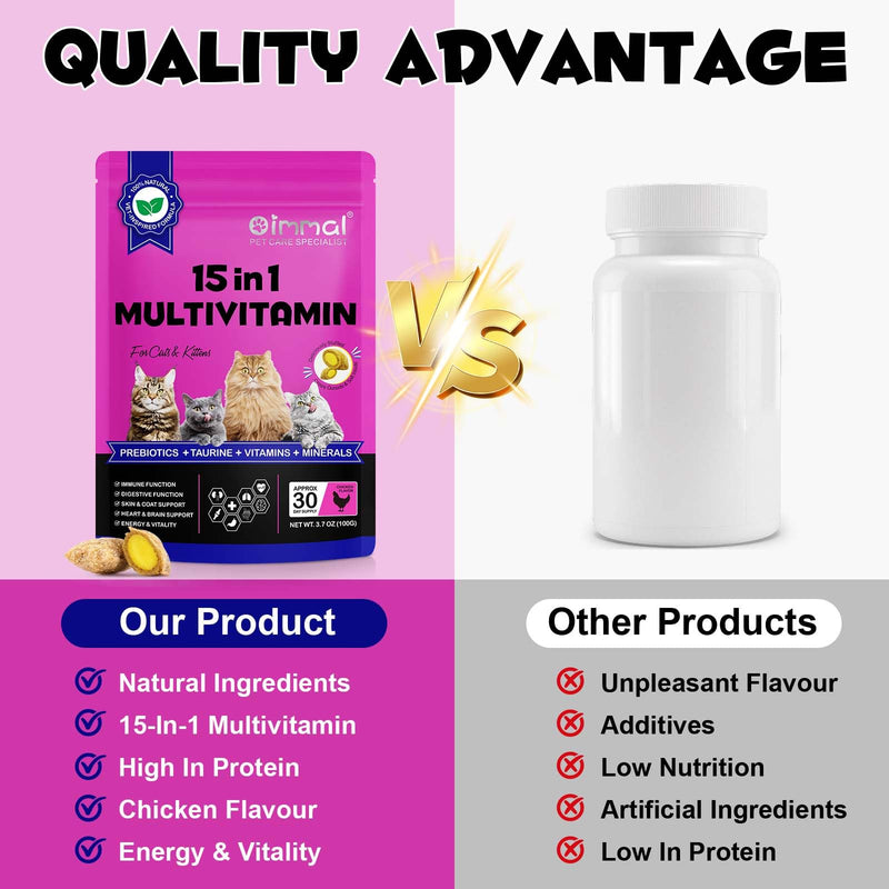Daily Essential Vitamins for Cats - 15-in-1 Multivitamin Soft Chews with Taurine, Omega, Prebiotics & Green-Lipped Mussel for Immune, Digestion, Joint Support, Skin and Coat Health