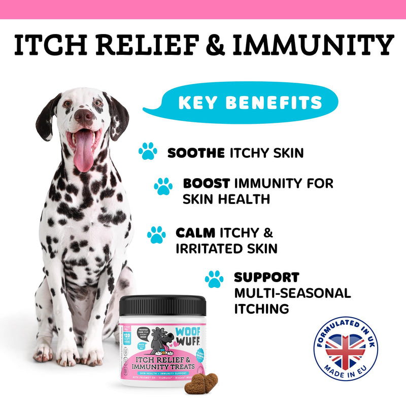 WOOFWUFF Itch Relief & Immunity Treats for Dogs – Soothe Itchy Skin, Paws, Ears & Seasonal Itching – Stop Itching Licking & Scratching – with Omega-3, Salmon & Krill Oil, Pre & Postbiotics, 120 Count