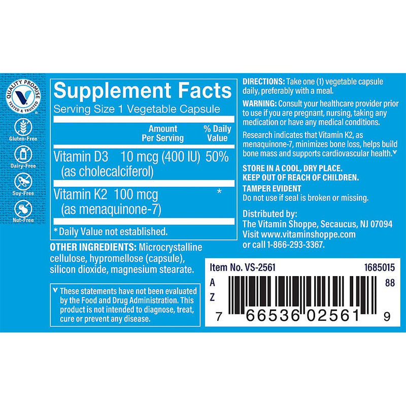 The Vitamin Shoppe Vitamin K2 MK-7 100 MCG - Bone Density & Arterial Health | Menaquinone-7 | 60 Capsules | Vegan 1 Count (Pack of 1)
