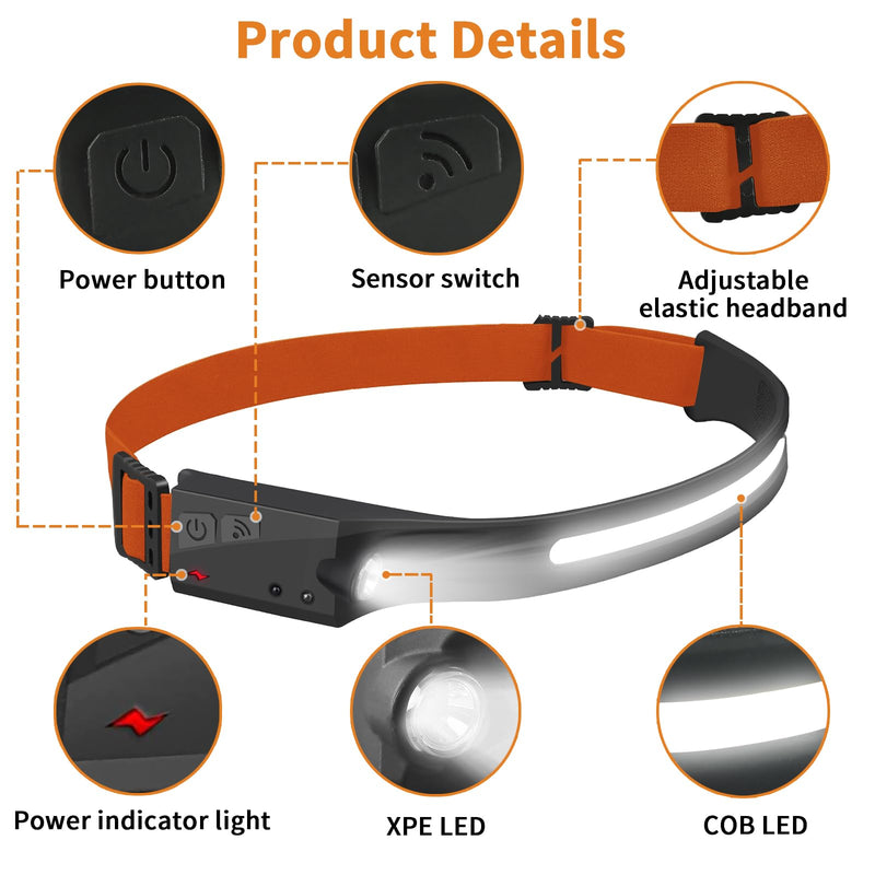 Rechargeable Headlamps, 5 Light Modes, 230° Wide Beam Spotlight with Motion Sensor, Lightweight Waterproof LED Headlight with Clips for Hardhat, Head Lamp for Camping Running (4, Orange) 4
