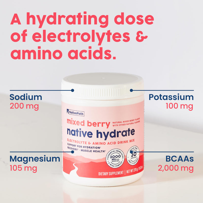 NativePath Hydrate Electrolyte Powder, Mixed Berry, 30 Servings | 14 Vitamins & Minerals, 9 Aminos & 2000mg BCAAs, Zero Sugar, Supports Hydration & Recovery, Stevia, Keto 9.53 Ounce (Pack of 1)