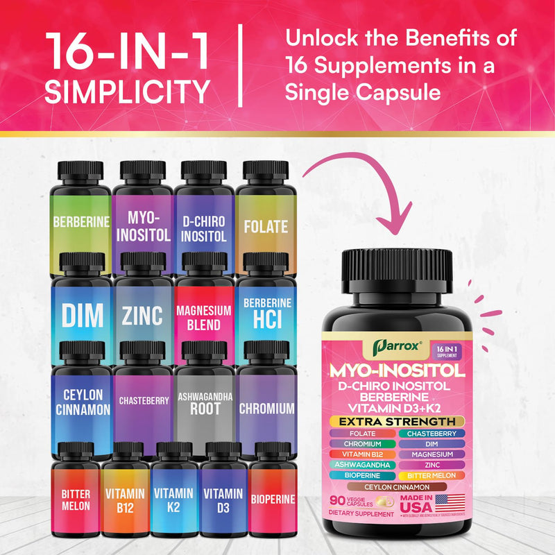 Myo-Inositol Supplement, 14-in-1 D-Chiro Inositol & Berberine, 2 Pack | D-Chiro Inositol, DIM, Berberine, Vitamins D3+K2, B12, Chromium, Cinnamon, Zinc, Ashwagandha, Chasteberry 90 Count (Pack of 2)