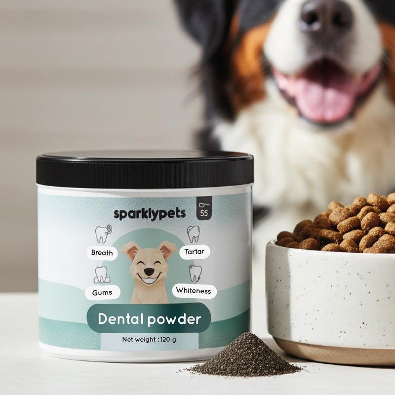 Sparkly Pets – Dental Powder for Dogs – Anti-Tartar & Plaque Cleaner, Tooth Whitening, Bad Breath & Gum Care – Eucalyptus, Prebiotics – French Brand – 120g (55 Scoops)