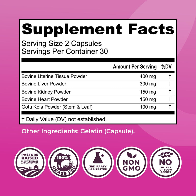Beef Organ Supplement for Women, 60 Capsules | Beef Liver, Kidney, Heart and Uterus Tissue - Supports Women's Energy & Health - Grass Fed, Pasture Raised, 3rd Party Tested 60 Count (Pack of 1)