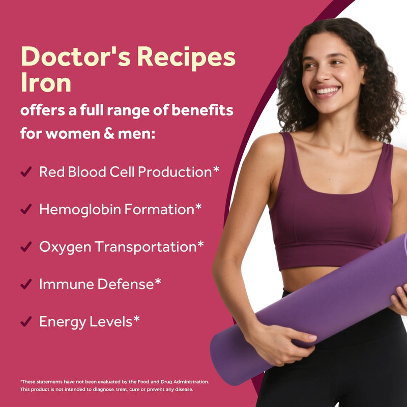 Doctor's Recipes Iron Supplement for Women & Men, Iron 65 mg with Vitamin C, D3, B6, B12, Folate, Beet Root, Pumpkin Seeds, for Energy & Red Blood Cell Support, 90 Tablets