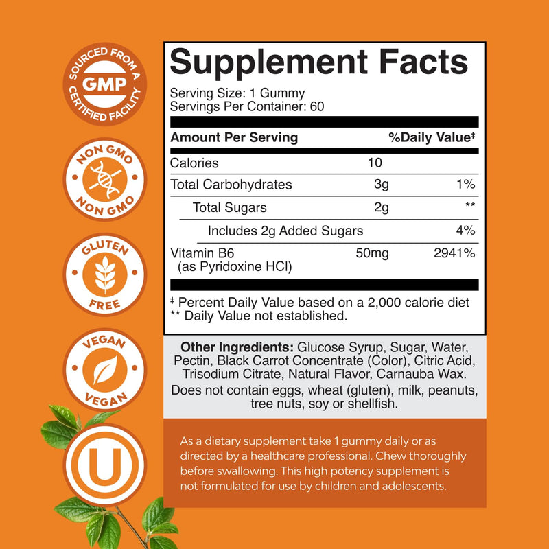 Potent Vitamin B6 Gummies for Adults - Vitamin B6 50mg Per Serving Gummy Vitamins for Women and Men for Immune Nerve and Mood Support - Vegan Kosher B6 Vitamins Gummies for Women and Men - 60 count 60 Count (Pack of 1)