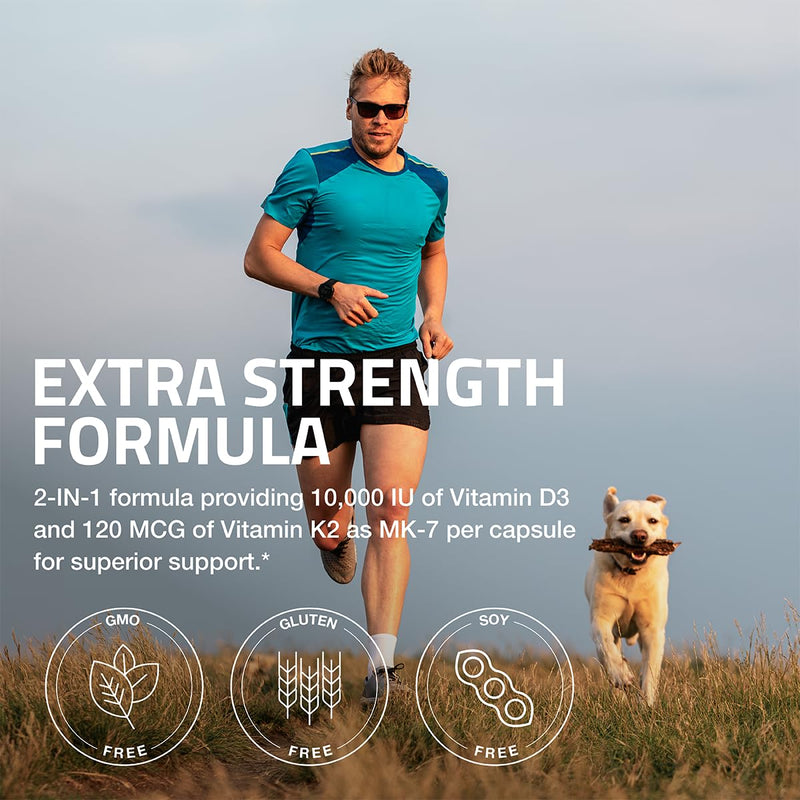 Bronson Vitamin K2 D3 (MK7) Extra Strength D3 & K2 Complex, 120 Capsules | Bone, Immune & Heart Health Support, Gluten Free, Soy Free, Non-GMO, Vitamin D3 10,000IU (250 mcg) & 120 mcg K2 MK-7 120 Count (Pack of 1)