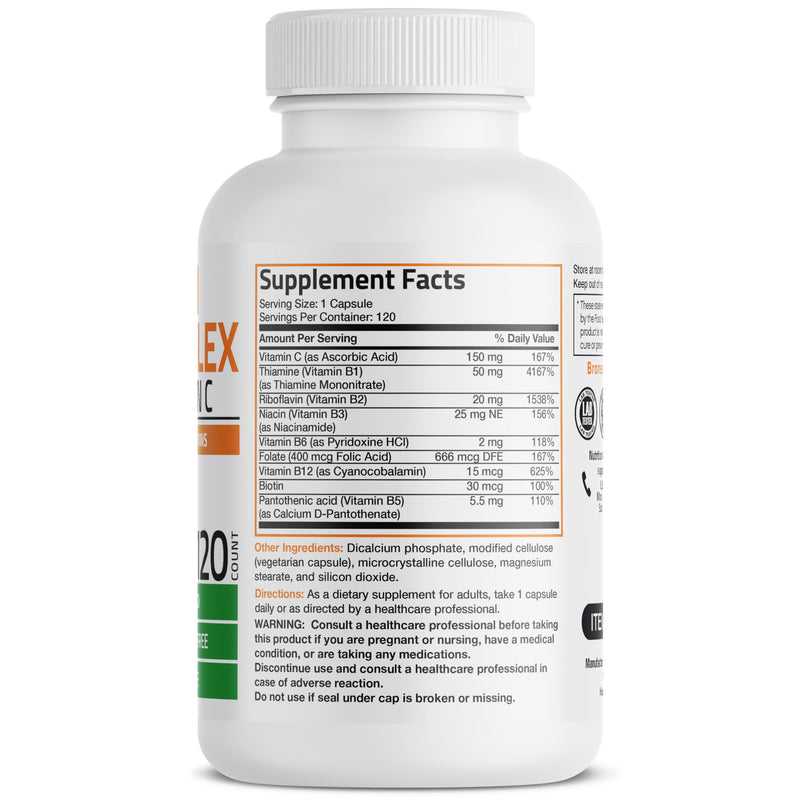 Bronson Vitamin B Complex with Vitamin C Vegetarian Capsules, 120 Count | Immune Health, Energy Support, Nervous System Support, Non-GMO, Soy-Free, Gluten-Free, Contains All B Vitamins Unflavored 120 Count (Pack of 1)