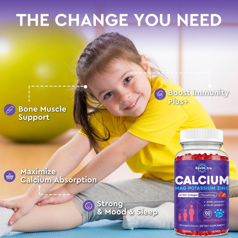 Calcium Potassium Magnesium Gummies for Kids & Adults, with Hydrolyzed Collagen, Zinc, Phosphorus, Multivitamin for Sleep, Bone Strength, Density Support, Sugar Free, Strawberry Flavor,120ct 60 Count (Pack of 2)