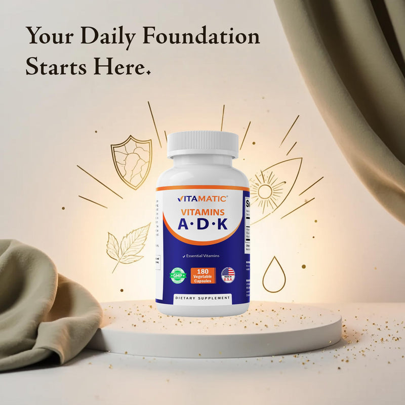 Vitamatic ADK Vitamin Supplement, 180 Veg Capsules, High Potency Vitamins A, D3, K2 for Bone Health, Calcium Absorption, Non-GMO, Gluten Free - 2 Pack