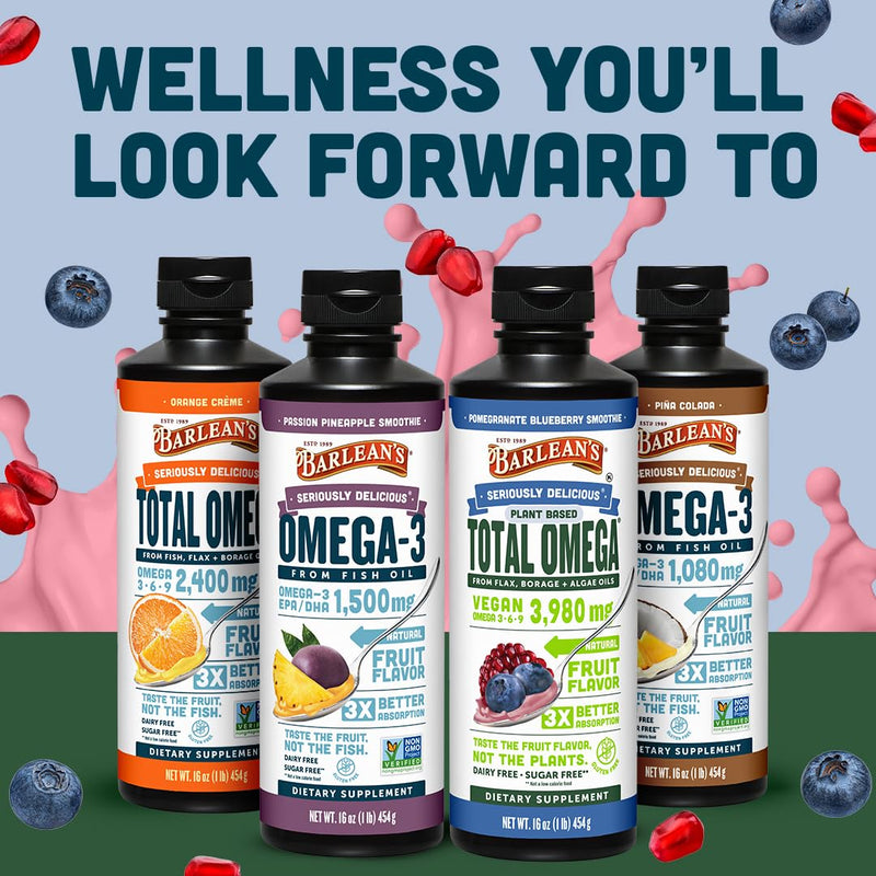 Barlean's Pomegranate Borage & Algae Oil, Omega 3-6-9 Flaxseed, Vegan, 16oz | Plant-based flax, borage & algae, EPA DHA omega 3-6-9, Non-GMO, Gluten-free, Vegan, For kids & adults, Heart & brain Pomegranate Blueberry Smoothie 1 Pound (Pack of 1)