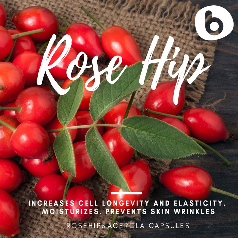 b Natural RoseHips & Acerola Capsules - Plant Based Vitamin C 1000mg from Acerola Cherry Powder & Rosehip Powder - Without Ascorbic Acid - Supports Immune Health - GMO Free - 90 Vegan Capsules