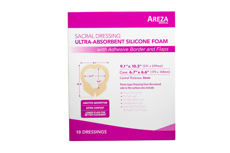 Areza Medical - Silicone Foam with Super-Absorbent Layer - Wound Dressing - Waterproof - with Adhesive Border - Sterile - Designed for Sacral Wounds - 9.1" x 10.2" - 10 PCS per Box 9.1" x 10.2", 10 PCS