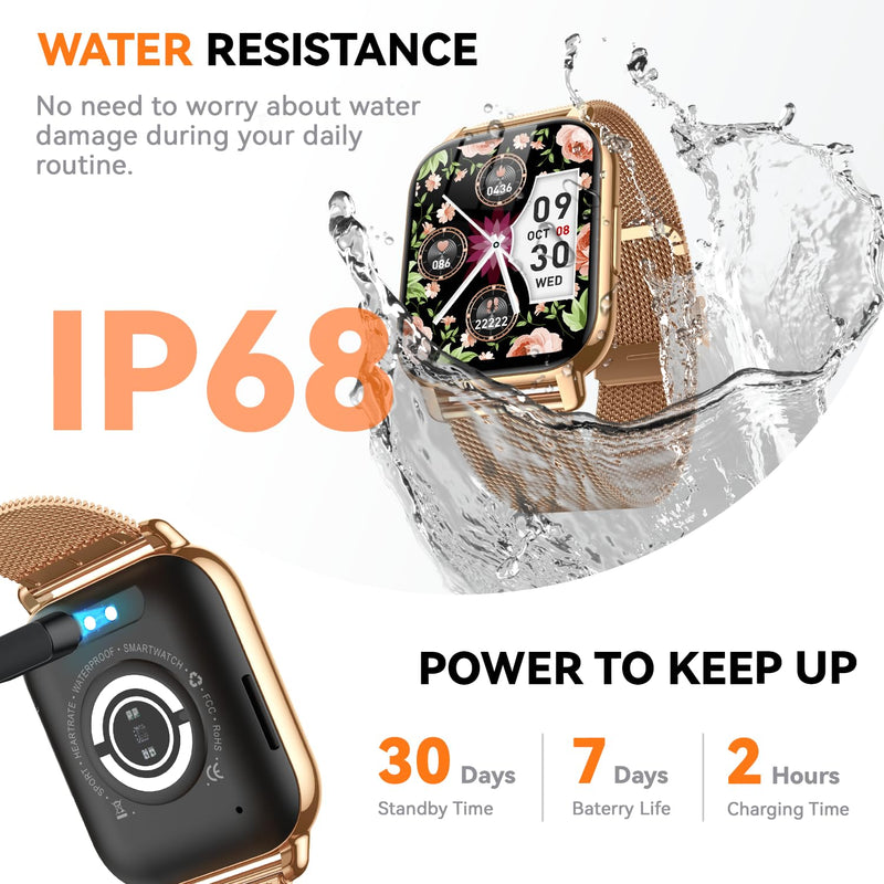 Smart Watch for Women(3 Bands), Smartwatch Fitness Tracker with Bluetooth Calls & AI Voice Control, 1.85’’ HD Screen, Heart Rate/SpO2 Monitor, Sleep Tracker, Compatible with Android iOS (Gold) Gold - BeesActive Australia