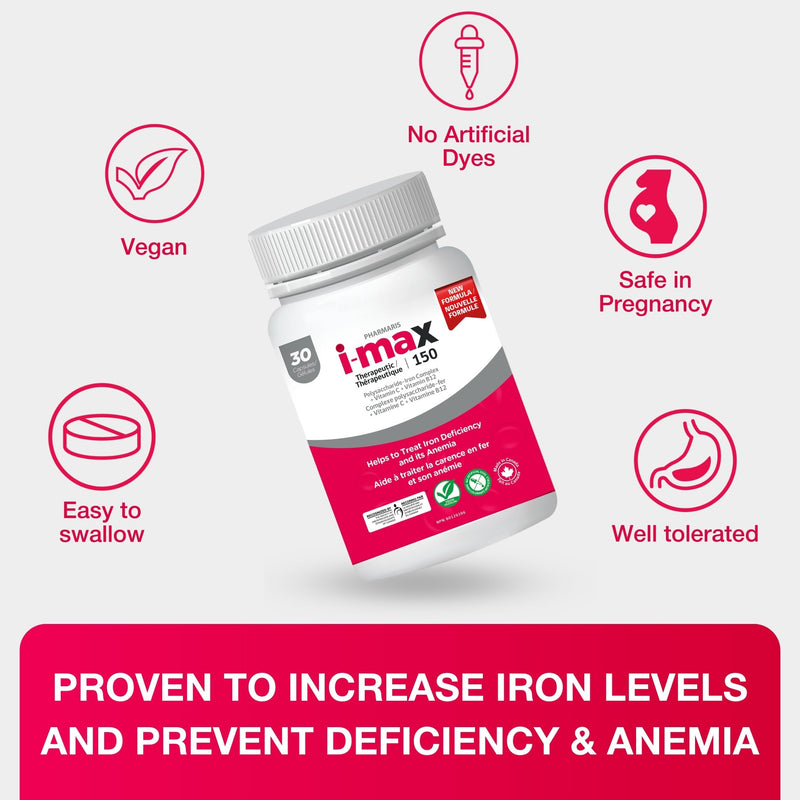 Pharmaris i-max 150 mg Elemental Iron Supplement, 30 Vegan Capsules | Polysaccharide Complex, Vitamin C 250 mg & B12 1000 mcg for Women & Men, Vegan, Gluten-Free, No Artificial Dyes, Once Daily 30 Count (Pack of 1)