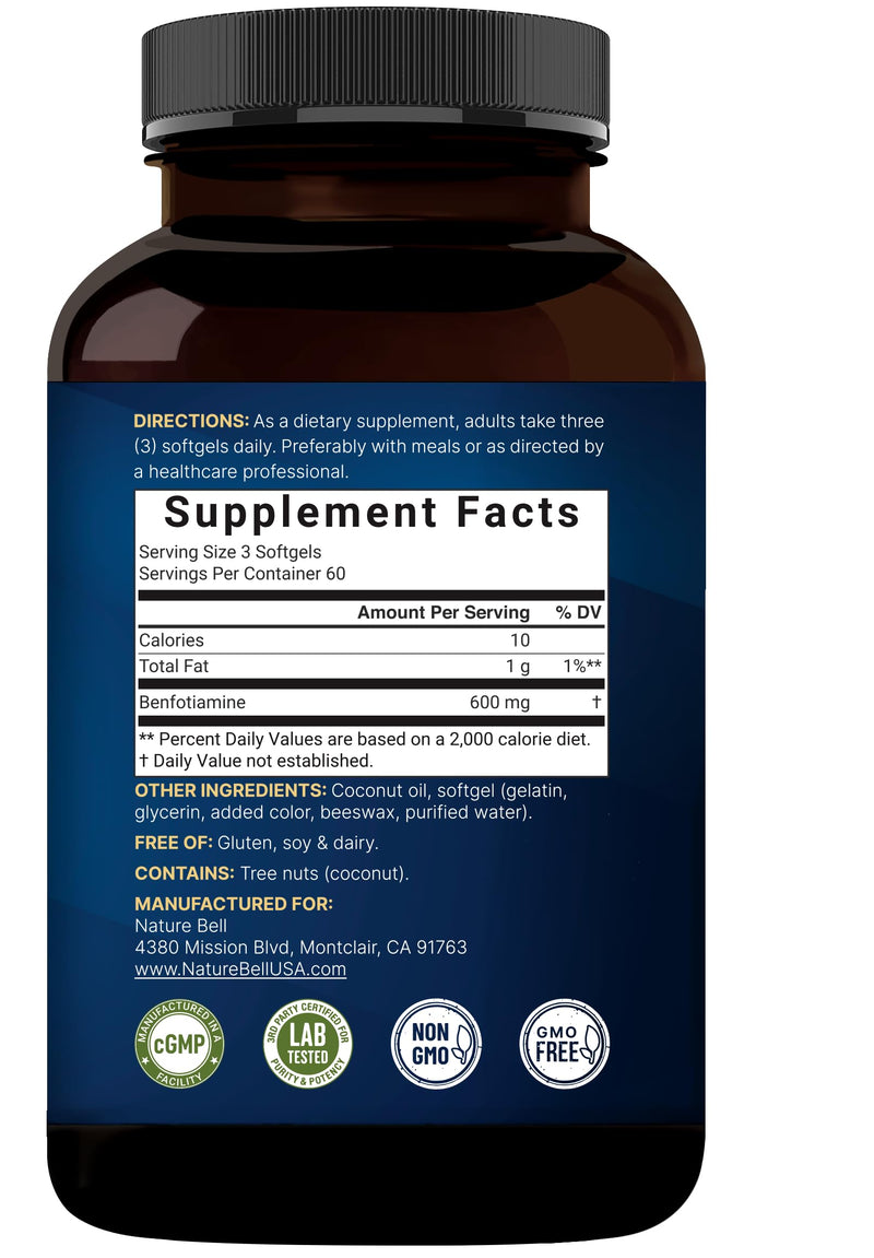 NatureBell Benfotiamine 600mg per Serving,180 Coconut Oil Softgels | Fat-Soluble Vitamin B1 for Men & Women, Converted to Active Thiamine | Non-GMO, cGMP Manufactured
