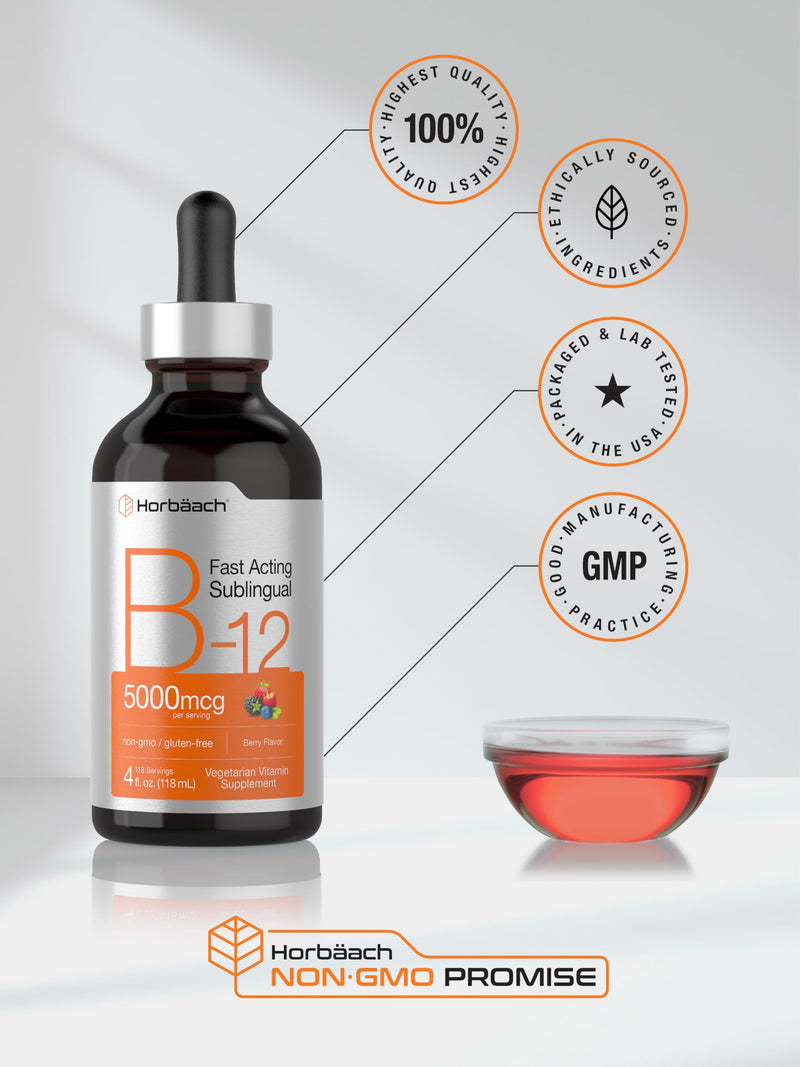 Horbaach B12 Vitamin 5000 mcg Sublingual | 4 Fl Oz | as Methylcobalamin and Cyanocobalamin | Liquid Vegetarian Drops | Berry Flavor | Non-GMO & Gluten Free Supplement