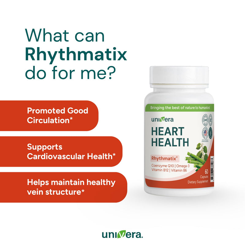 Univera Rhythmatix, Cardiovascular Health, Blood Circulation, Supports Healthy Vein Structure, Omega-3, Coenzyme Q10, Vitamin B6 & B12, 60 softgels (30-Day Supply)