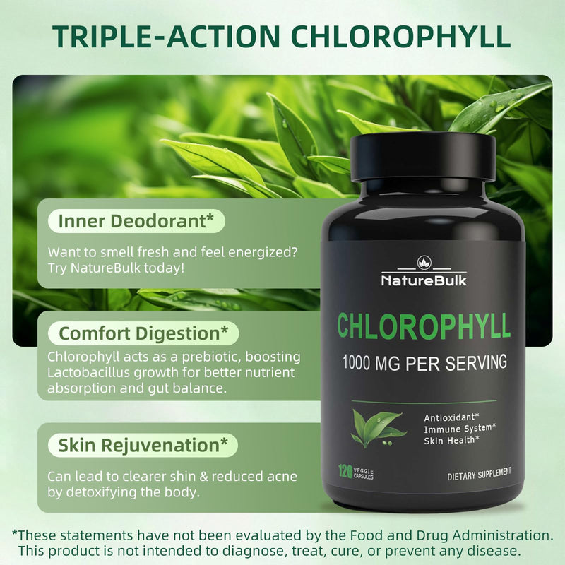 Chlorophyll Capsules 1000mg - 100% Natural Potency Concentration for Women & Men, Gut Health, Skin Support - Natural Energy Booster, 120 Capsules