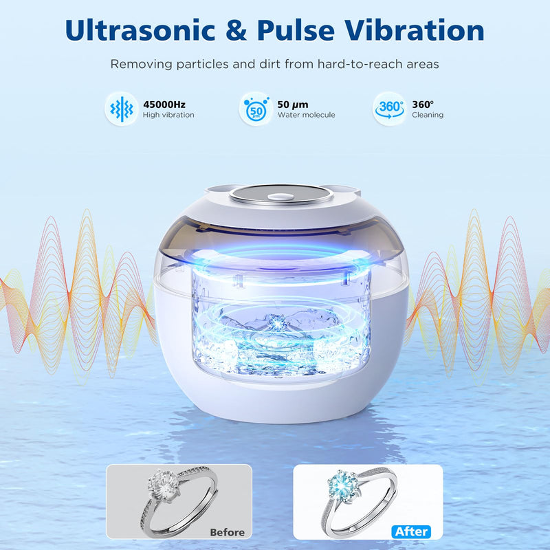 45kHz Retainer Cleaner Machine, 200ML Ultrasonic Dental Cleaning Pod with 4 Modes, Digital Timer, Mouth Guard Cleaner for Denture, Aligner, Braces, Toothbrush, Jewelry and More (White) White