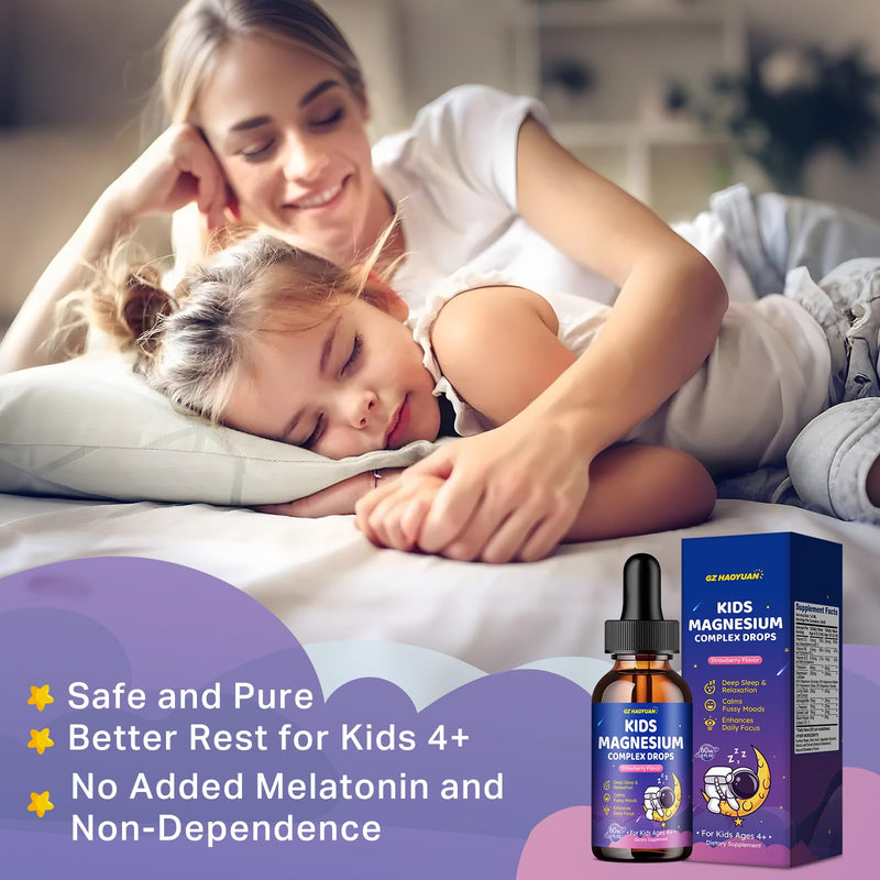 Magnesium Complex Liquid for Kids, Magnesium Glycinate, Malate, Taurate, Citrate with L-Theanine, Vitamin B6, B12, D3 Kids Liquid Drops for Sleep, Relaxation, Calm, Focus - 4 Fl Oz, Strawberry Flavor 4 Fl Oz (Pack of 1)