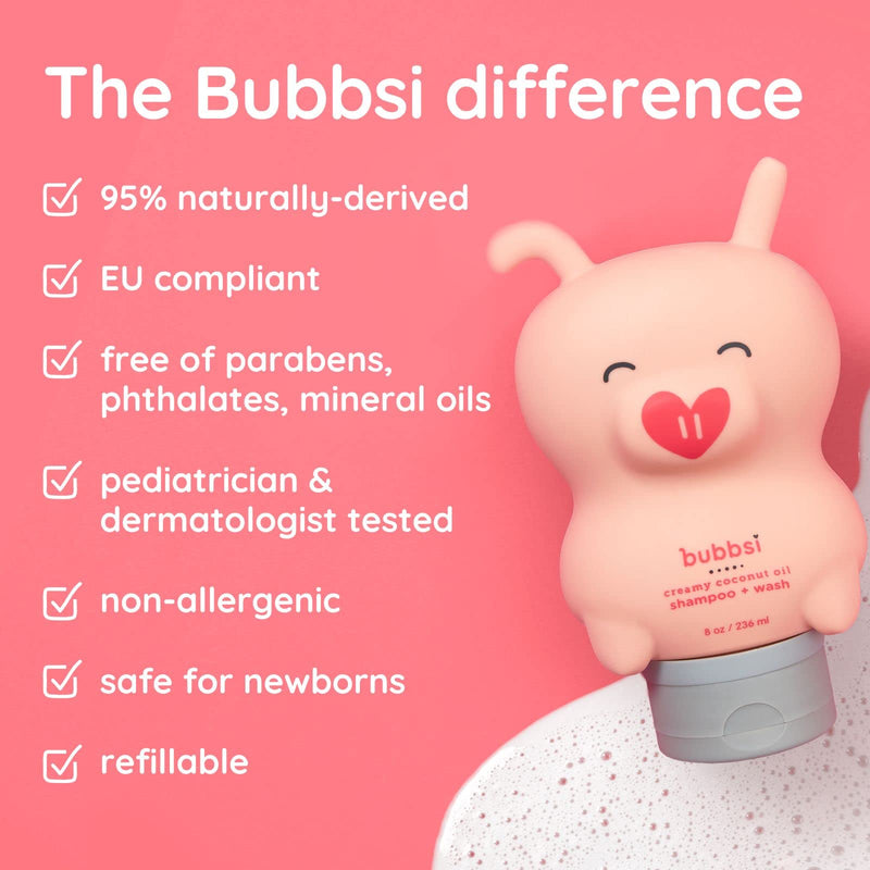 Bubbsi Creamy Coconut Oil Baby Shampoo & Wash | Light Natural Scent | Won't irritate eyes | Organic Coconut Oil + Shea | Gentle, Sulfate-free, Nourishing | Cradle Cap, Eczema (Refillable bottle, 8oz) Refillable bottle 8 Fl Oz (Pack of 1) - BeesActive Australia