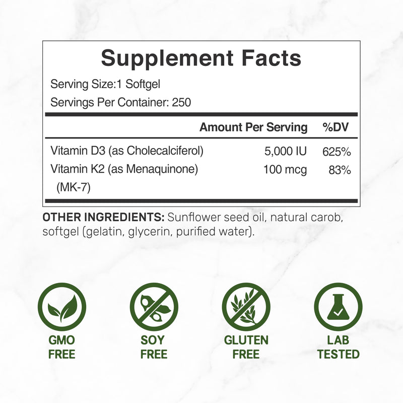 DEAL SUPPLEMENT 2 Pack Vitamin D3 5,000 IU + K2 MK7 Softgels, 500 Count | 2-in-1 Complex | Supports Heart, Bone, Teeth & Immune Health | Easy to Swallow 250 Count (Pack of 2)