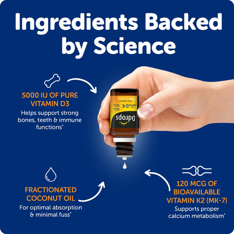 Ddrops Extra Strength 5000 IU Vitamin D3 + K2 90 Drops - Liquid Vitamin D3 & K2 (MK7) Supplement. Supporting Strong Bones, Immune System and Cardiovascular Health. 0.06 Fl Oz (Pack of 1)