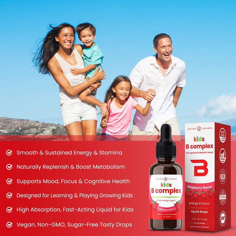NutraChamps Vitamin B Complex for Kids, B1, B2, B3, B6, B7, B9 & Methyl B12, Kids B Complex Liquid Drops Supplement, Energy, Focus, Metabolism, Natural Berry, 120 Servings, 4 Month Supply (Pack of 2) 2 Fl Oz (Pack of 2) Kids Drops