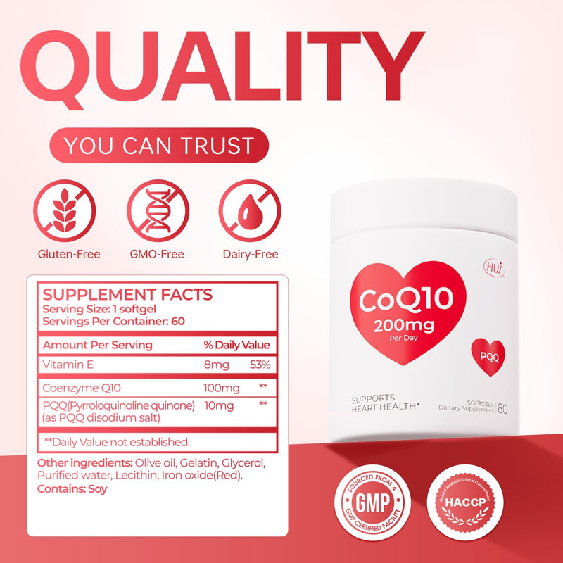 HUJ CoQ10 200mg Per Day - Heart Health & Cellular Energy Support with Coenzyme Q10, Vitamin E & PQQ - 60 Softgels