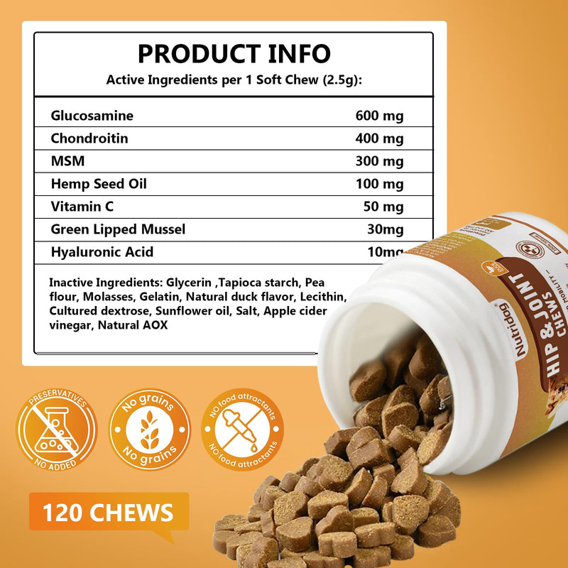Dog Hip & Joint Chews 120 Count – Glucosamine, Chondroitin, MSM, Green-Lipped Mussel & Hyaluronic Acid for Mobility & Joint Support, Hemp Seed Oil, Duck Flavor, All Breeds