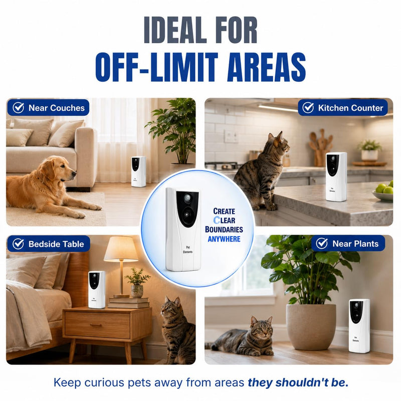 Automatic Cat Deterrent Spray - Contactless Behavior Correction - Motion Activated Sensor Air Burst - Odorless - Non-Staining - Versatile Placement Dog & Cat Repellent Spray Indoor Starter Kit (Device + 1 Can)