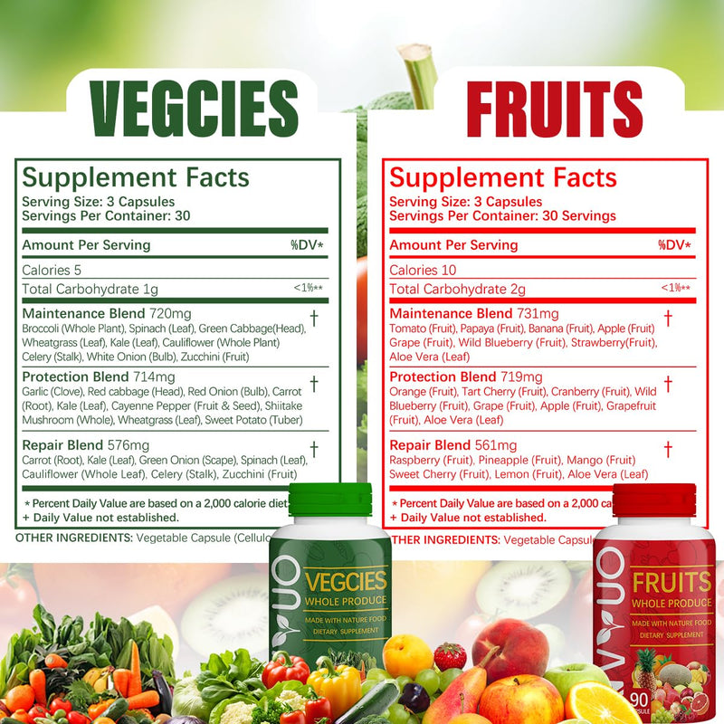 Fruits & Veggies Capsules - 90 Fruit and 90 Veggie Whole Food Supplement - Supports Energy Levels, High Lycopene, Vitamins & Minerals