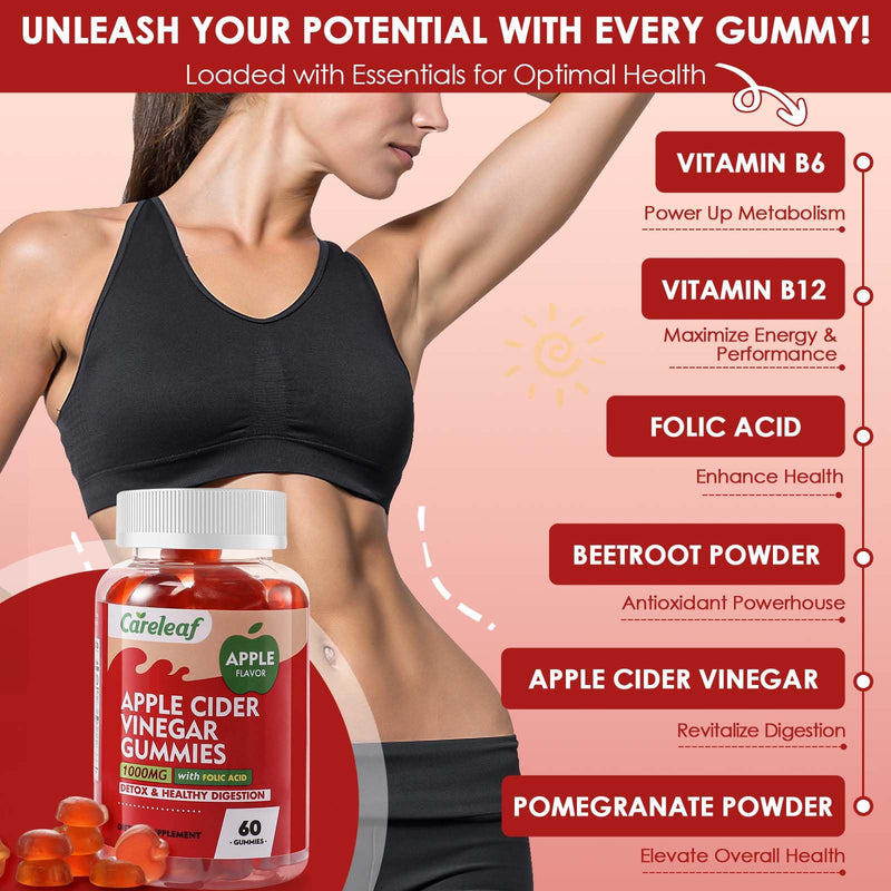 Apple Cider Vinegar Gummies, Metabolism Gummy with 1000mg AVC & Vitamin B6 Vitamin B12, ACV Gummies for Metabolism, Digestion, Detox, Gut & Immune Health, 60 Counts