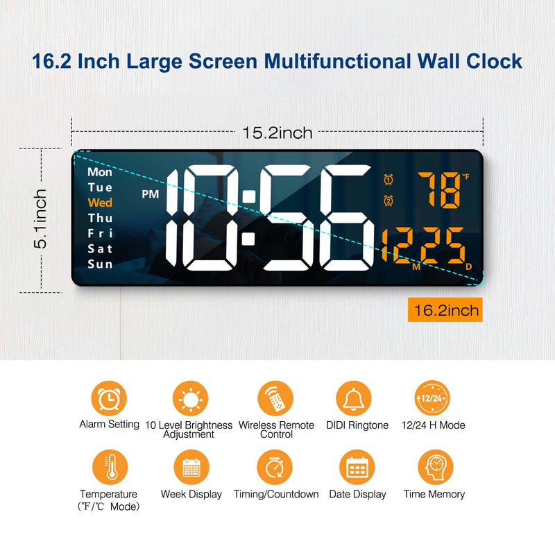 Digital Wall Clock Large Display, 16.2 Inch , LED Digital Clock with Remote Control for Living Room Decor, Automatic Brightness Dimmer with Date Week Temperature (Orange) Orange