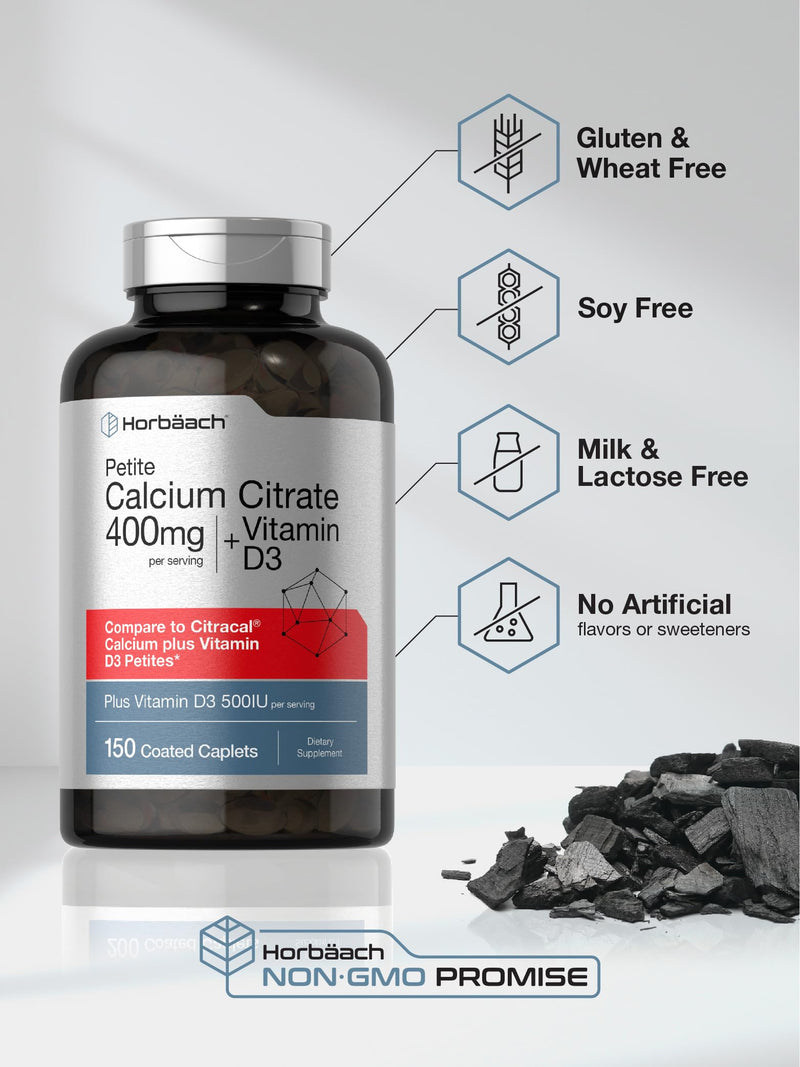 Horbaach Calcium Citrate 400mg with Vitamin D3 | 150 Petite Coated Caplets | For Men and Women | Vegetarian, Non-GMO & Gluten Free Supplement