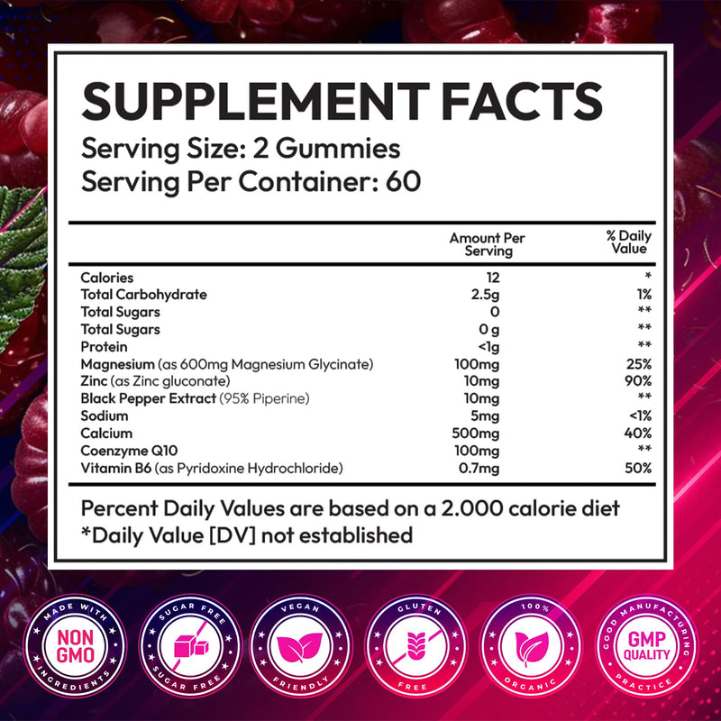 Magnesium Glycinate Gummies 600mg, Sugar Free High Absorption Chewable Magnesium Gummies with Zinc, Calcium, CoQ10 & B6 for Zzz, Relaxation, Brain & Muscle Support, Magnesium Supplement with Family 120 Count (Pack of 1)