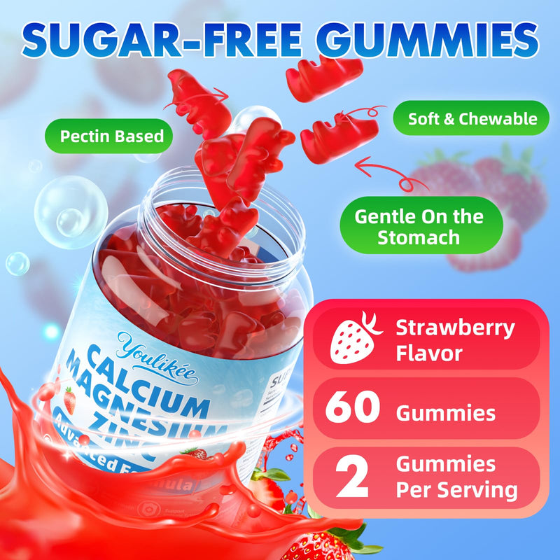 2 Pack Calcium Magnesium Zinc Gummies, Calcium Citrate with Vitamin D3 | High Absorption Calcium Magnesium Supplement for Women & Men, Sugar-Free, Strawberry Flavor, 120 Count 60 Count (Pack of 2)