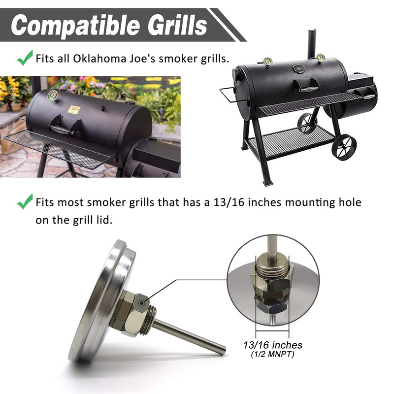 3 1/8” Accurate Luminous BBQ Thermometer Gauge for Oklahoma Joe’s Smokers 3695528R06 & Most Charcoal Pellet Wood Pit Smoker Grills, 1/2 NPT Male Thread Temperature Gauge Replacement, Grill Thermostat