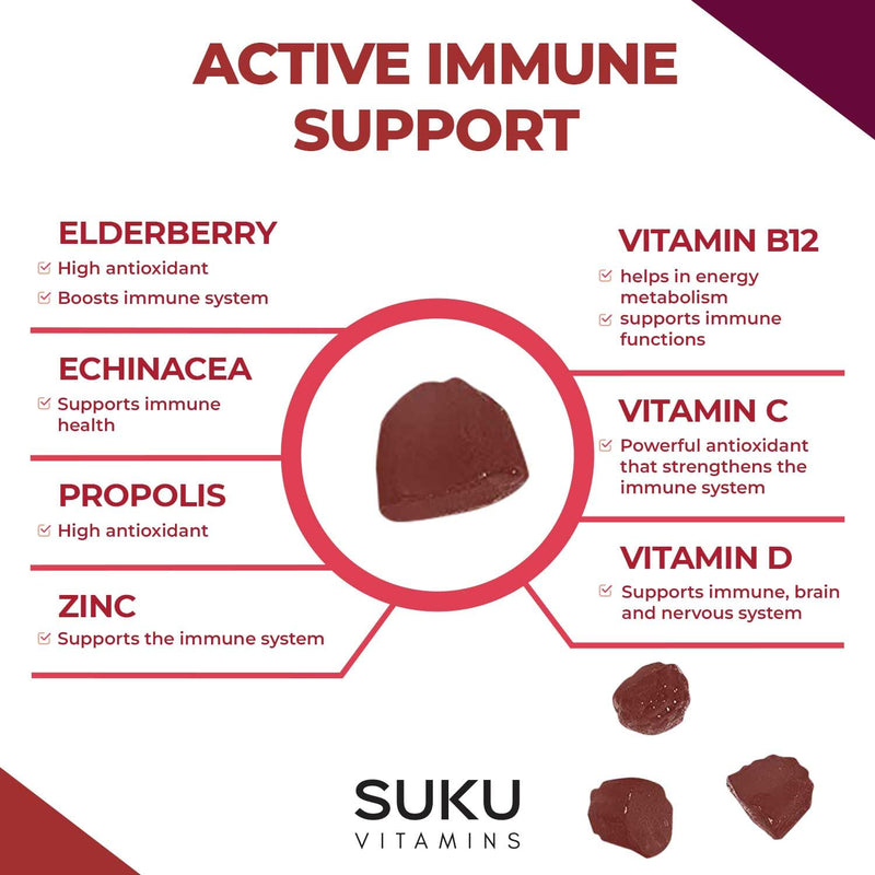 SUKU Vitamins - Ultimate Immunity - Elderberry Echinacea and Propolis Gummies for Immune Support, Easy to Chew - Non GMO, Gluten Sugar Free - Pomegranate Lime Flavored Gummy Vitamins, 50 Count