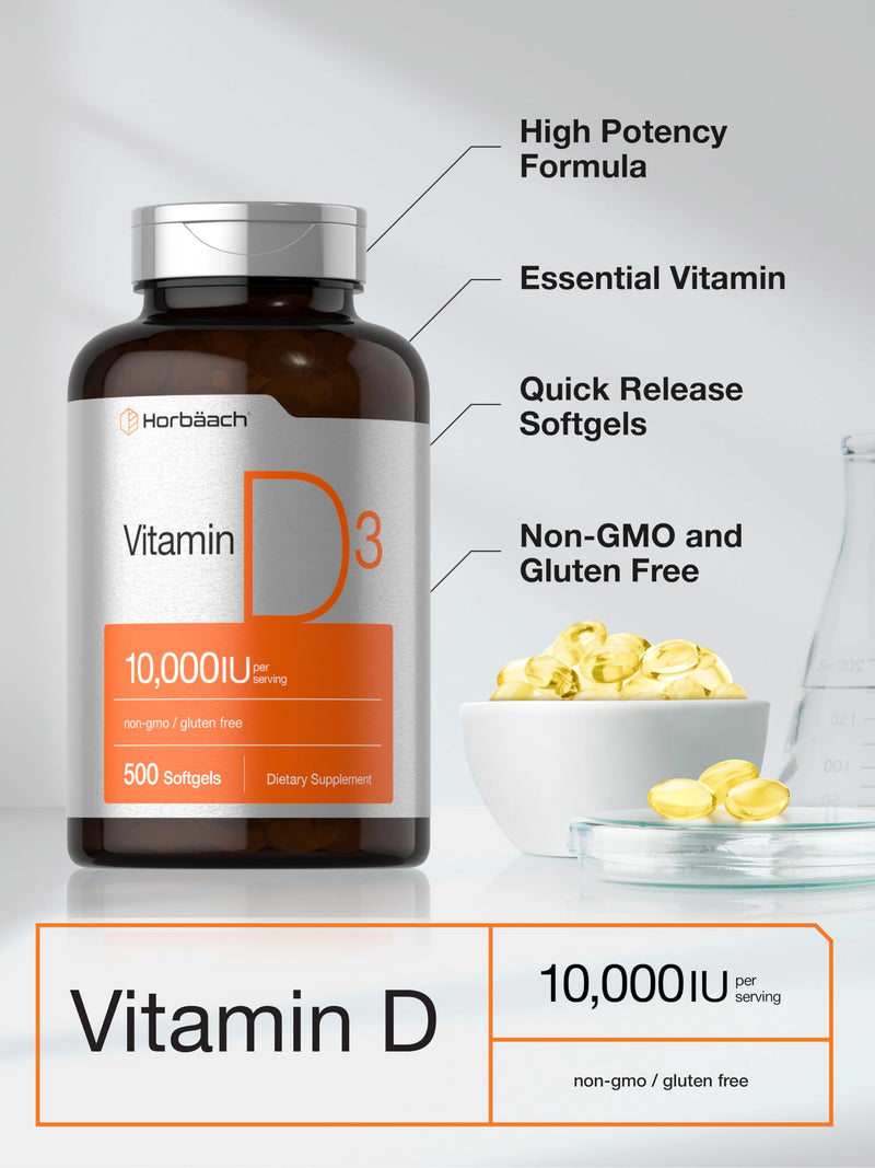 Horbäach Vitamin D3 10000 IU | 500 Softgels | 250mcg | Non-GMO, Gluten Free Supplement | Value Size | High Potency Formula