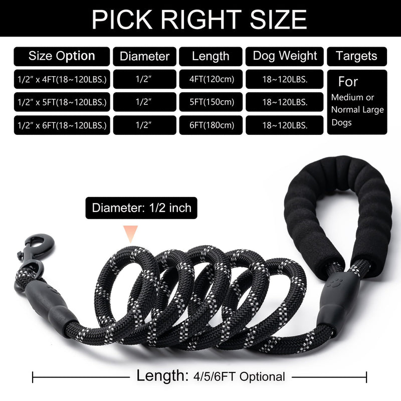 2 Pack Dog Leash, 4/5//6 FT Heavy Duty Nylon Rope Pet Leashes with Comfortable Padded Handle, Reflective Dog Leashes for Small Medium and Large Dogs (5FT-1/2,Black/Black) 1/2"x 5 FT (18~120 lbs.) 2PCS-Black+Black - BeesActive Australia