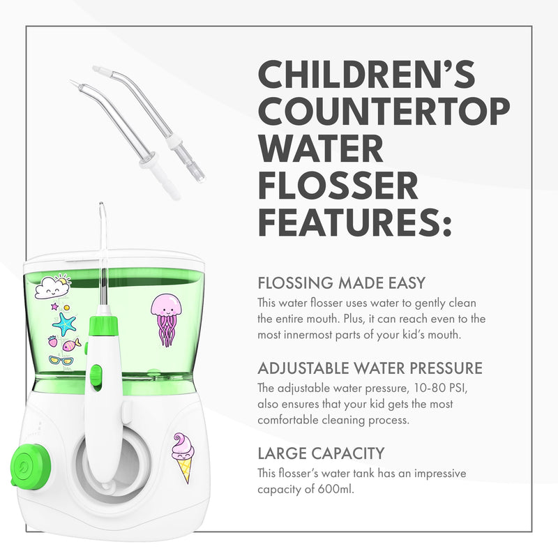 ToiletTree Products Children's Countertop Water Flosser - Dental Oral Irrigator for Kids - BPA-Free Dental Water Flosser with 600mL Capacity and Adjustable Water Pressure - Green - BeesActive Australia