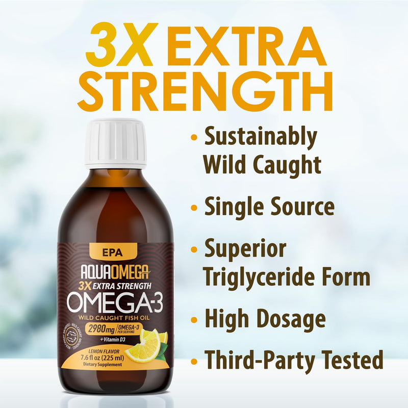 Triple Strength Omega 3 Fish Oil Supplements (2980mg), Wild Caught Fishoil, High EPA & DHA Liquid Fish Oil Omega 3 with Vitamin D, 2000mg EPA and 650mg DHA, 7.60floz (225ml), Lemon Flavor 7.6 Fl Oz (Pack of 1)