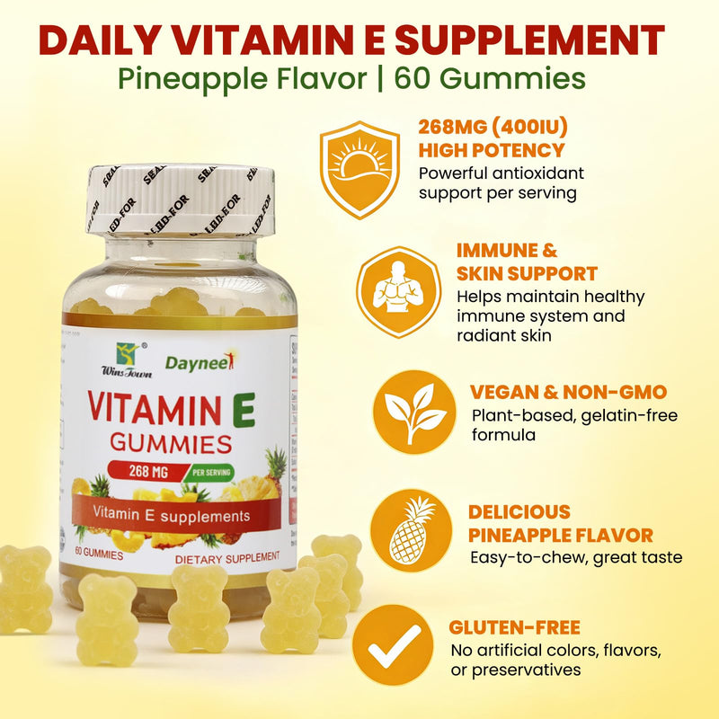 Vitamin E Gummies 268mg (400IU), Vegan, 60 Count | Adult Supplement, Non-GMO, Delicious, Easy to Chew, Antioxidant, Immune, Skin & Eye Support