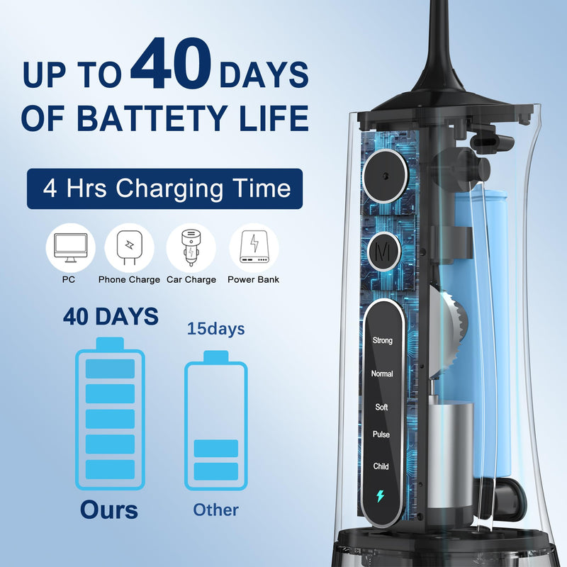 Water Dental Flosser OLED Display Cordless Teeth Cleaning MOCEL 5 Modes Oral Irrigator 300ML Portable and USB C Rechargeable IPX7 Waterproof Floss Teeth Pick (Black) Black