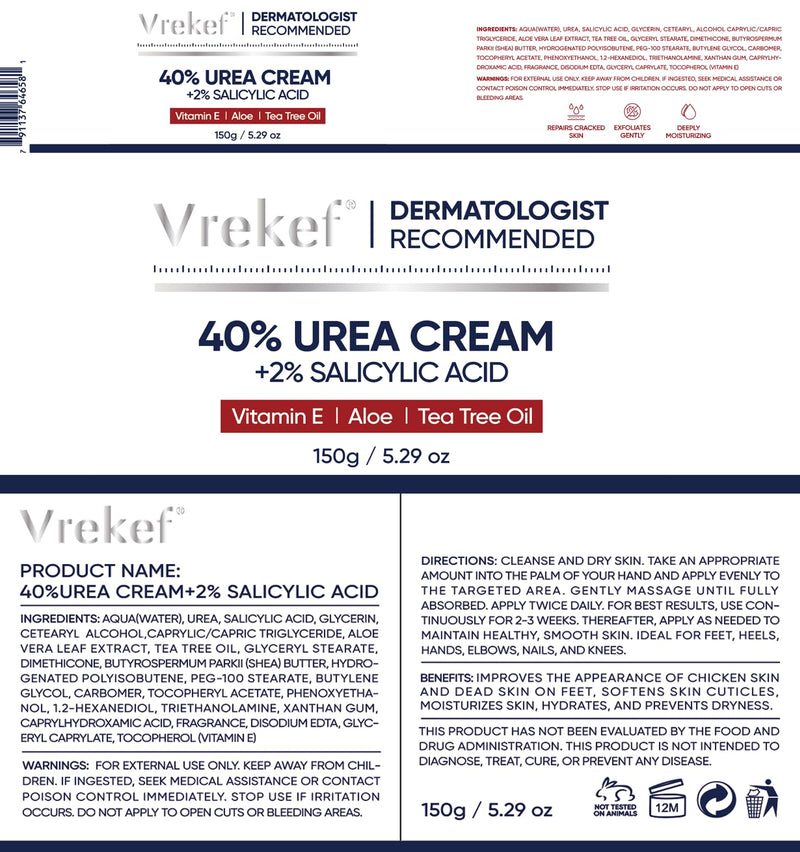 Urea Cream 40 Percent for Feet Maximum Strength, Urea Cream 40% Plus Salicylic Acid 2%, Foot & Hand Cream for Dry Cracked 40%